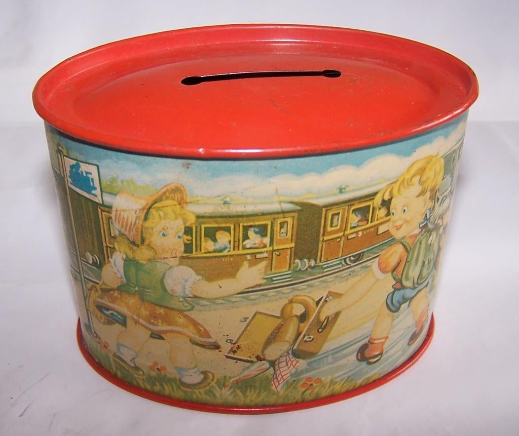 Antieke blikken spaarpot. Izgs., Antiek en Kunst, Ophalen of Verzenden