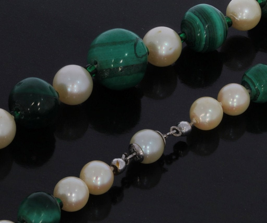 Malachiet parel edelsteen ketting 18k slot goud dames retro, Voordeelsieraden, Verzenden, Zo goed als nieuw, Met edelsteen