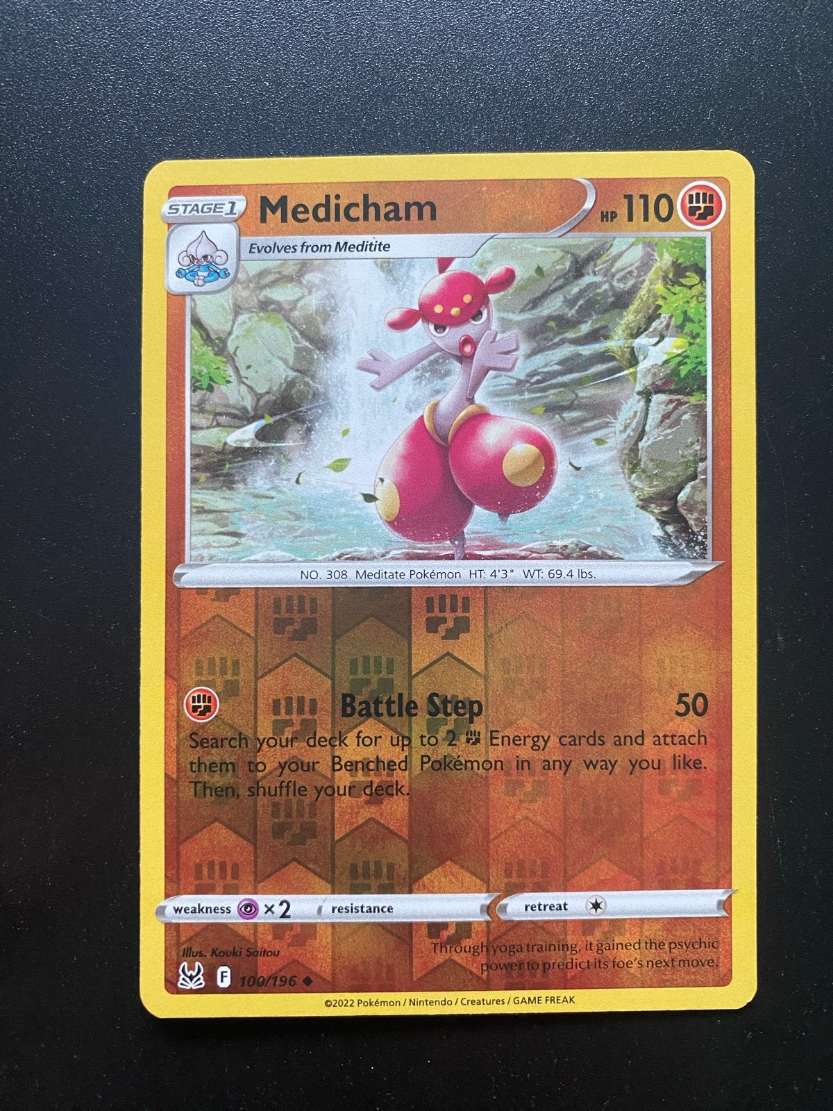 Medicham 100/196 Reverse Holo Pokémon Lost Origin, Ophalen of Verzenden, Zo goed als nieuw, Losse kaart, Foil