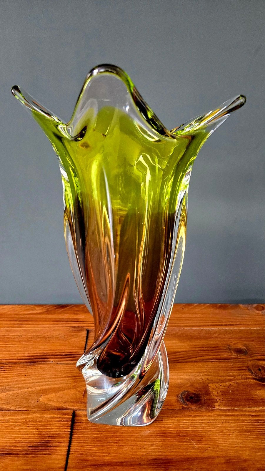 Vintage Chribska Josef Hospodka Sommerso vaas groen 31cm, Ophalen of Verzenden