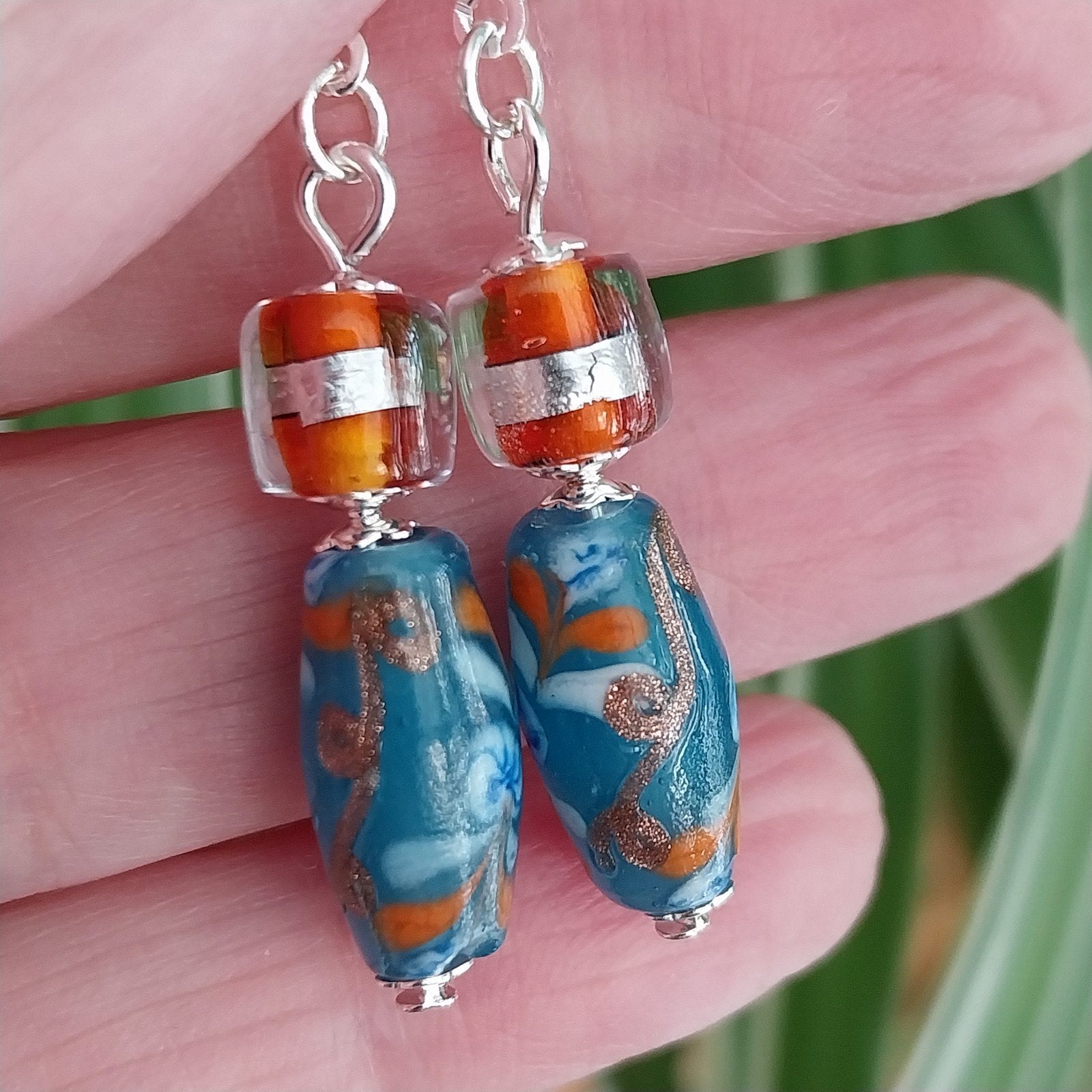 Lampwork silverfoil oorbellen, verzilverde oorhaakjes #13655, Sieraden, Tassen en Uiterlijk, Oorbellen, Hangers, Verzenden, Blauw