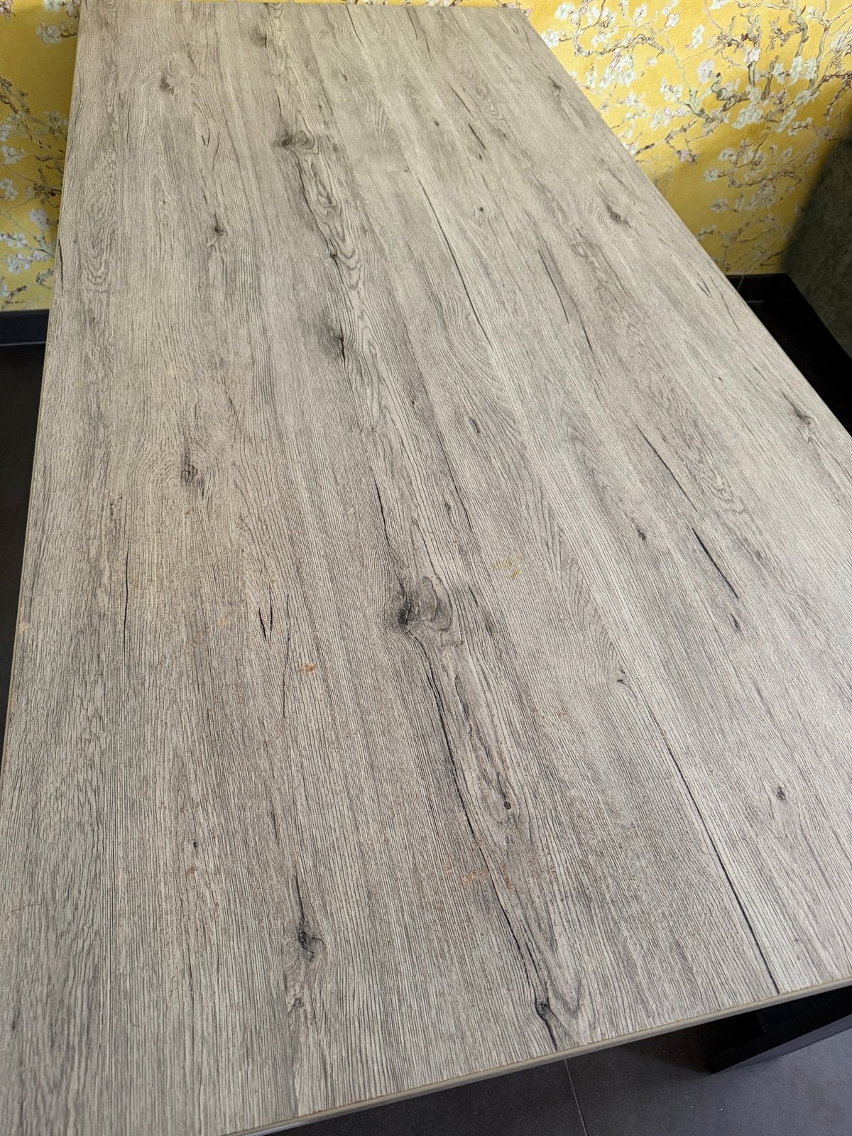 Eettafel met houtlook blad en zwarte hout poten 90x190, Ophalen, Gebruikt, 50 tot 100 cm, Vijf personen of meer
