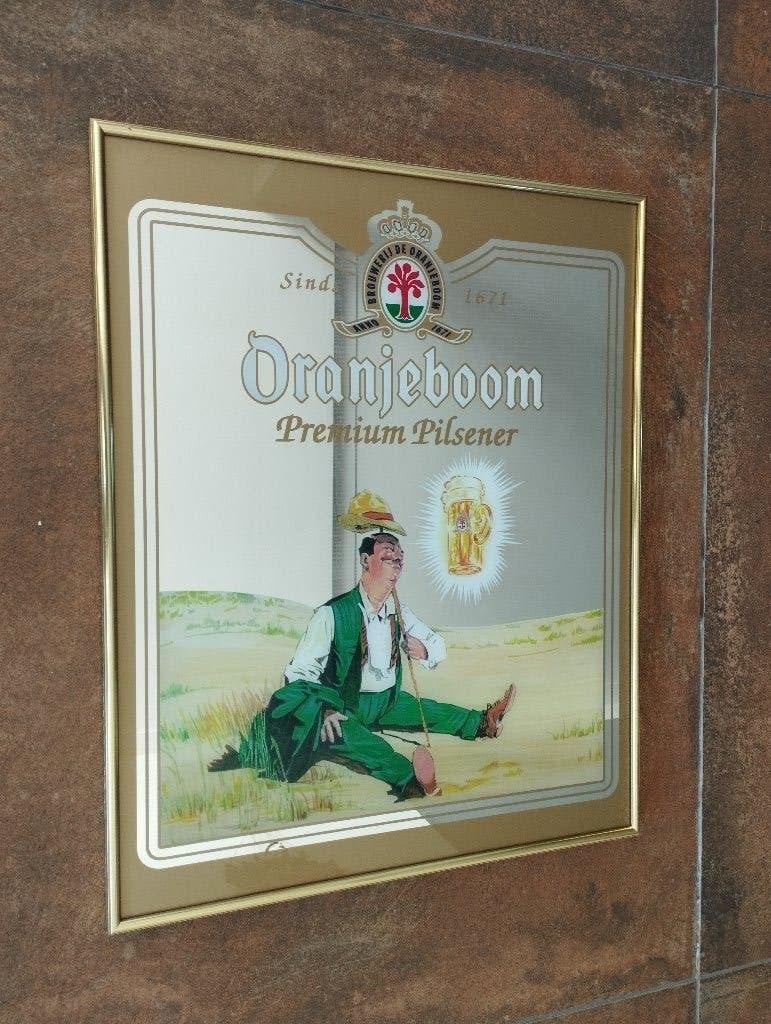 Oranjeboom Premium Pilsener reclamspiegel in Nieleen lijst, Ophalen of Verzenden, Zo goed als nieuw, Overige typen