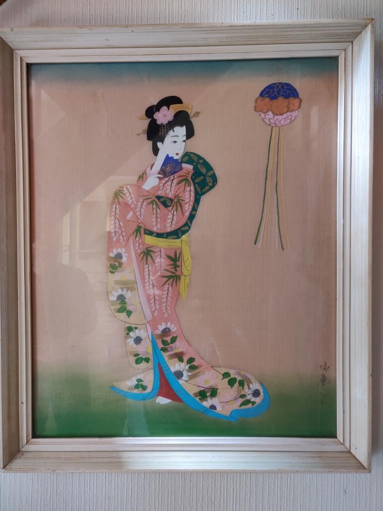 Vintage Japanse Geisha Zijdeschilderij in Bamboe Lijst, Ophalen of Verzenden
