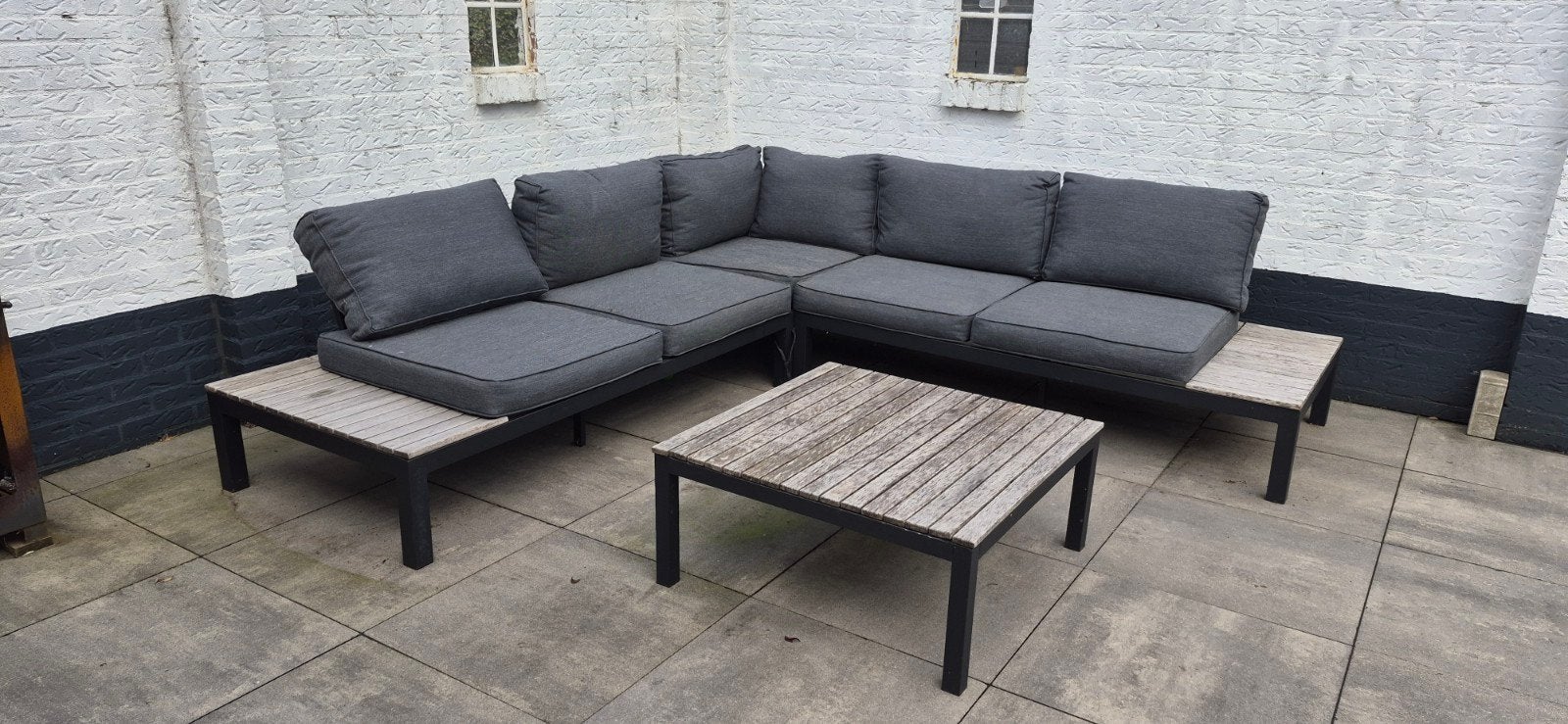 Loungeset Cannes Grijs met Teak en waterdichte hoes, Ophalen, Gebruikt, Teakhout, Loungeset