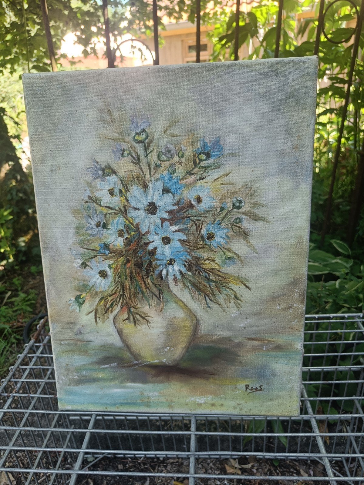 Bloemen schilderij in lichtblauw/geel en groenachtige tinten, Ophalen, Minder dan 50 cm, Gebruikt, Schilderij