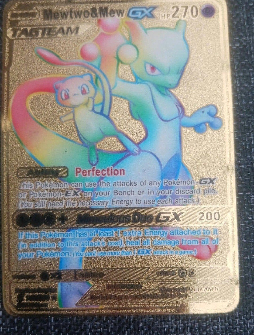 Mewtwo & Mew GX TAG TEAM Gouden Pokémon Kaart, Ophalen of Verzenden, Zo goed als nieuw, Losse kaart, Foil
