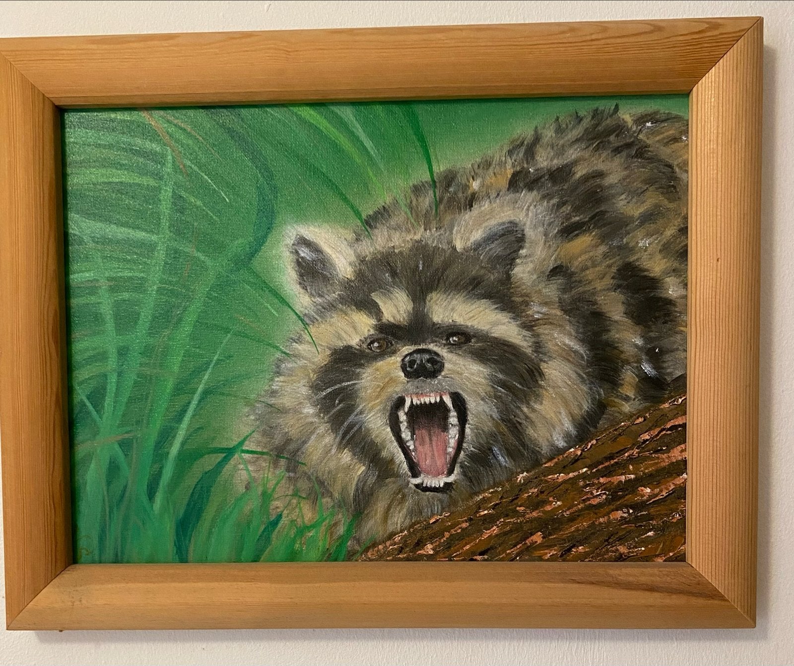 Olieverfschilderij Wasbeer in het gras, Ophalen, Handgeschilderd, Olieverf, Dieren