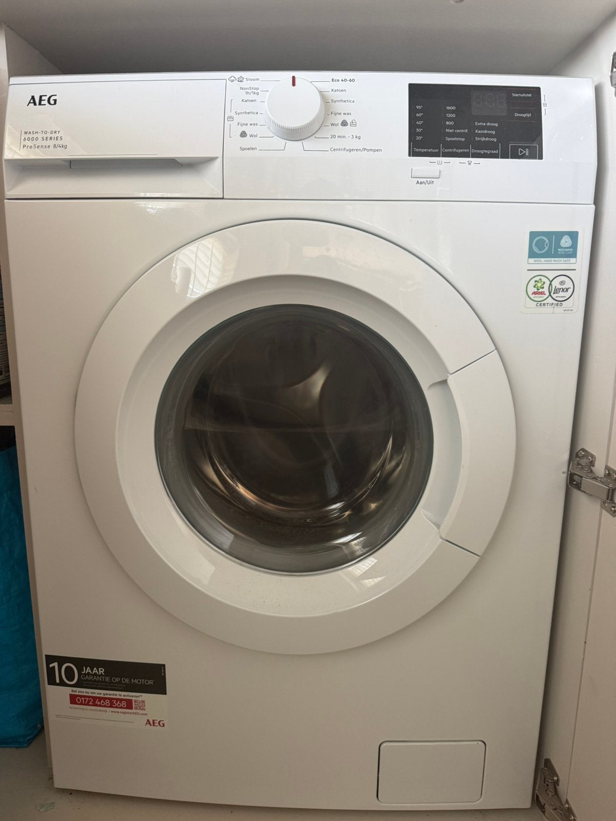 Aeg LWF6B842 wasdroogcombinatie, 8 tot 10 kg, Ophalen, Zo goed als nieuw, 85 tot 90 cm