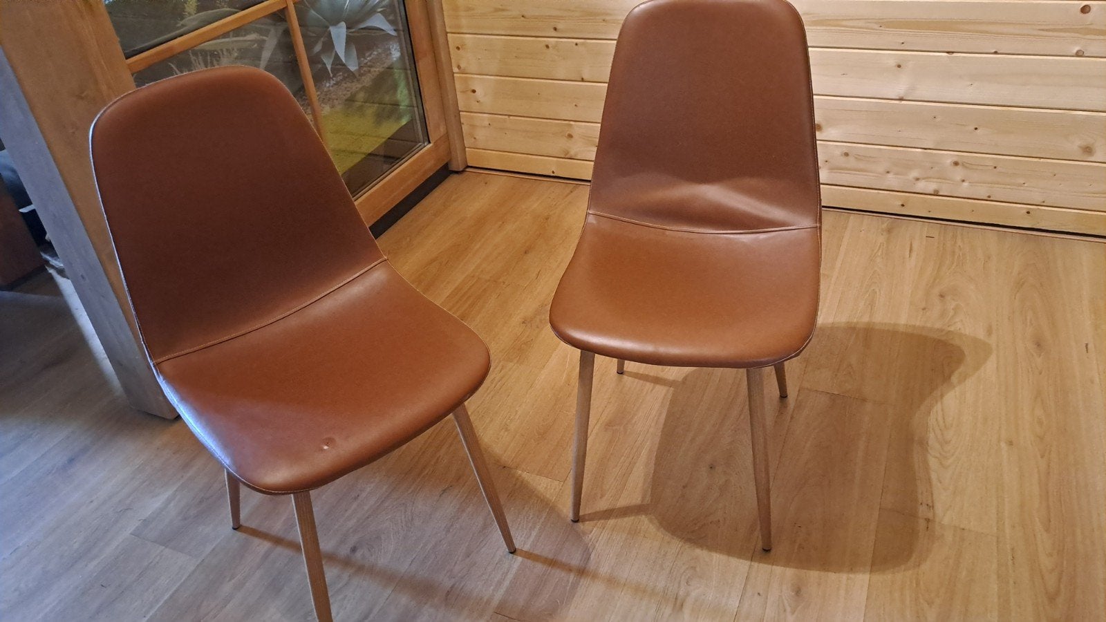 Set van 2 bruine eetkamerstoelen, Huis en Inrichting, Stoelen, Ophalen, Gebruikt, Twee, Leer