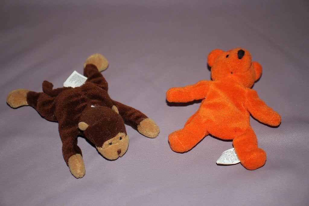 Kleine knuffeltjes - oranje beer / bruin aap floppy friends, Oranje, Gebruikt, Overige merken, Beer