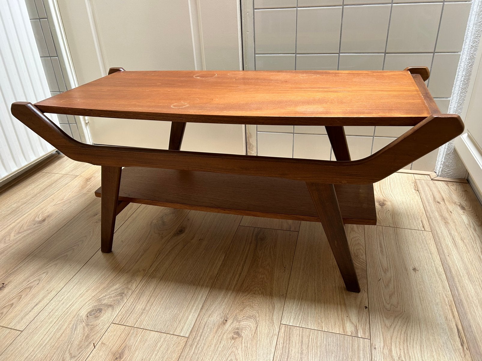 Van Teefelen Vintage retro teakhouten salontafel, Huis en Inrichting, Tafels | Sidetables, Ophalen, 100 tot 150 cm, Zo goed als nieuw