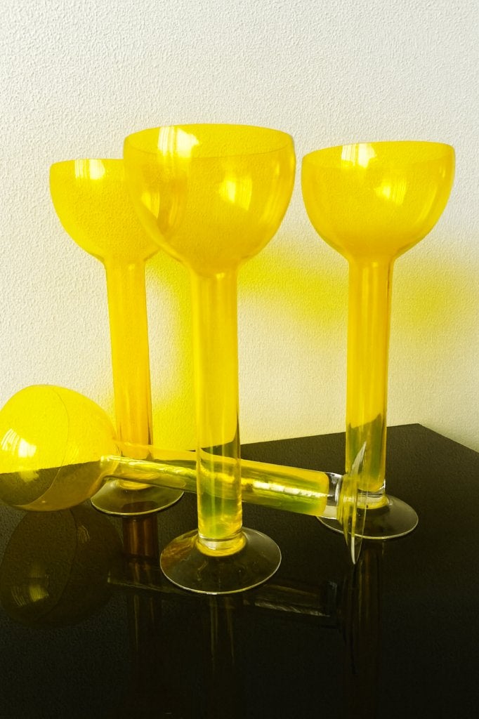 4 x Glas Kelk Design Art Nouveau Vintage Stam Hol Geel 1970, Ophalen of Verzenden