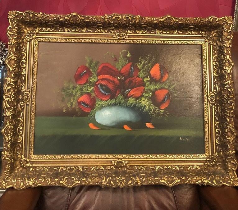 Gesigneerd oud schilderij bloemen; olieverf op doek, Antiek en Kunst, Kunst | Schilderijen | Klassiek, Ophalen of Verzenden