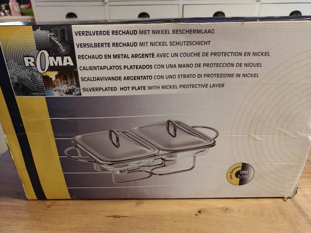 Chafing dish / Rechaud met 2 glazen schalen met deksel., Ophalen, Overige typen, Overige materialen, Overige merken
