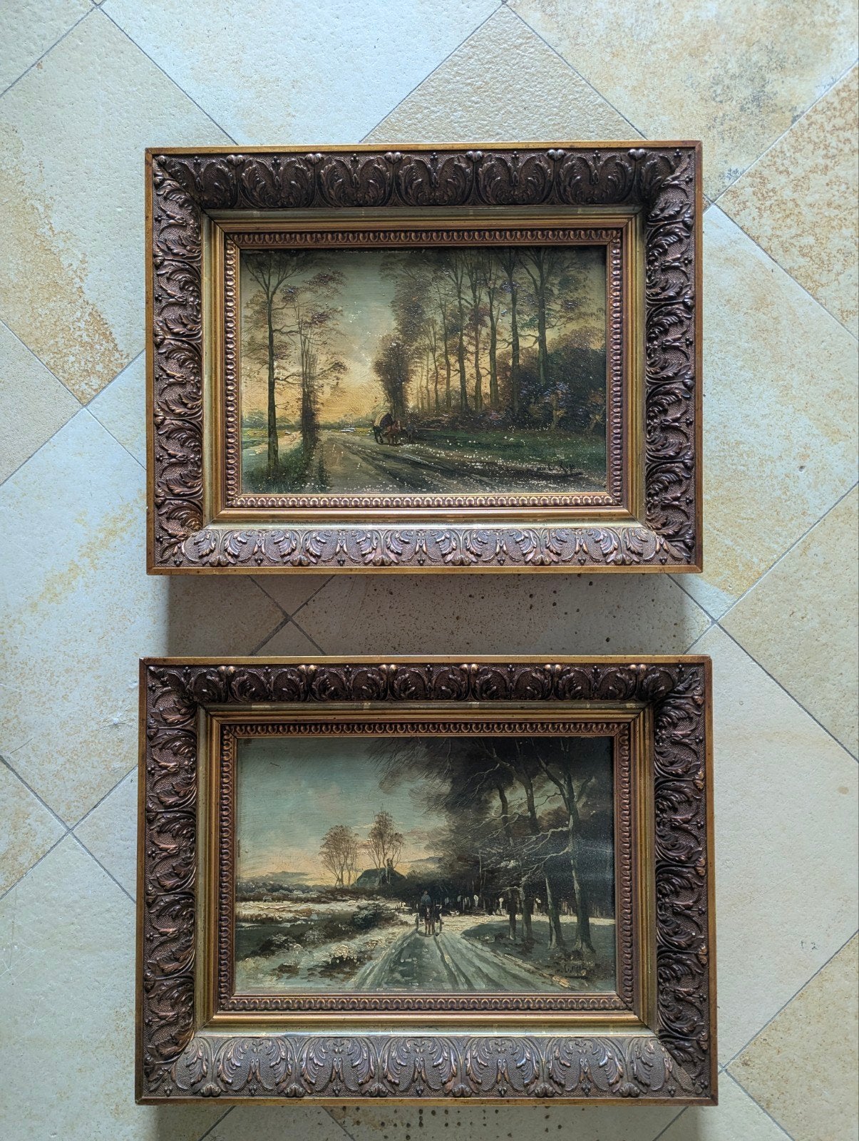 Twee Olieverfschilderijen: Winter- en Herfstlandschap, Paneel, Ophalen of Verzenden, Gesigneerd, Landschap