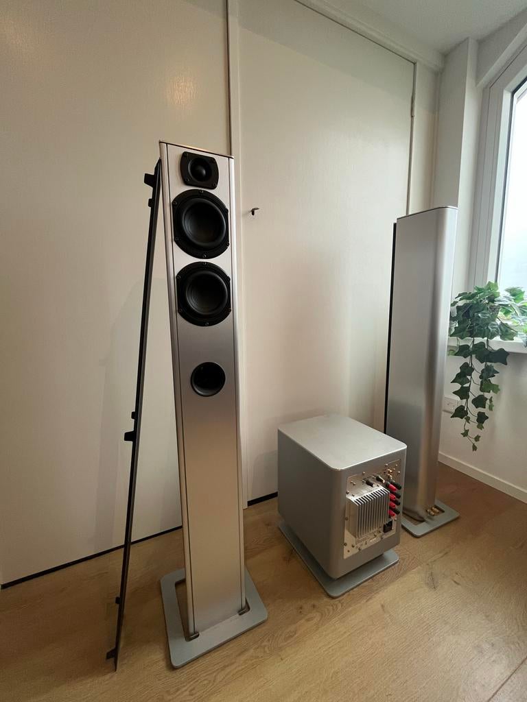 Piega TS5 luidsprekers met TMicro Subwoofer set, Gebruikt, 60 tot 120 watt, Front, Rear of Stereo speakers, Ophalen
