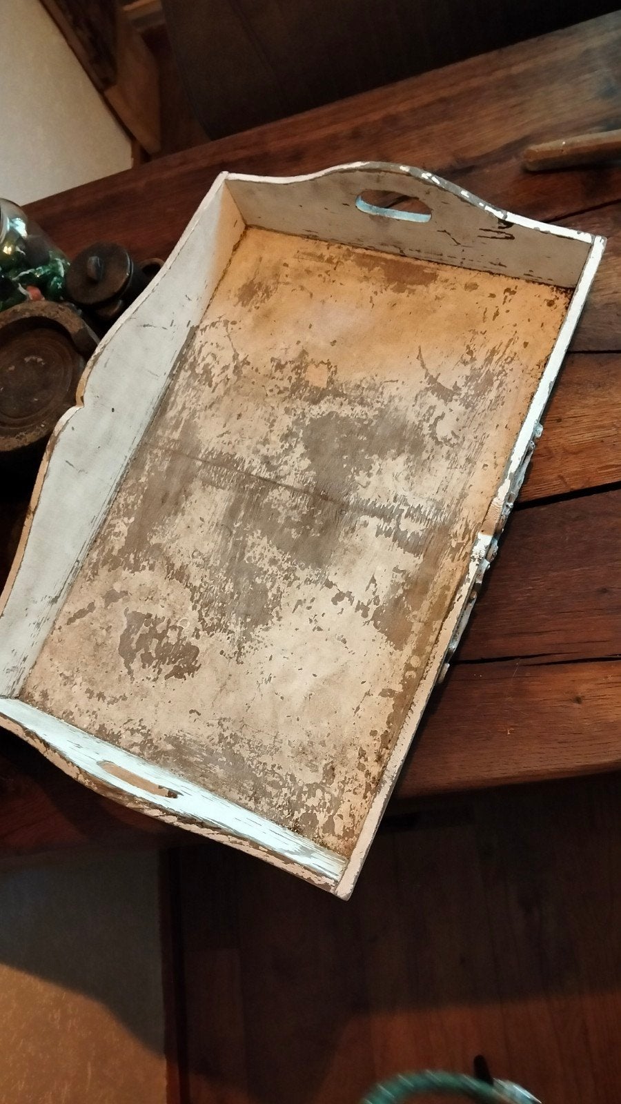 Leuke brocante houten dienblad wit kleurig, Gebruikt, ., Ophalen of Verzenden, Overige typen