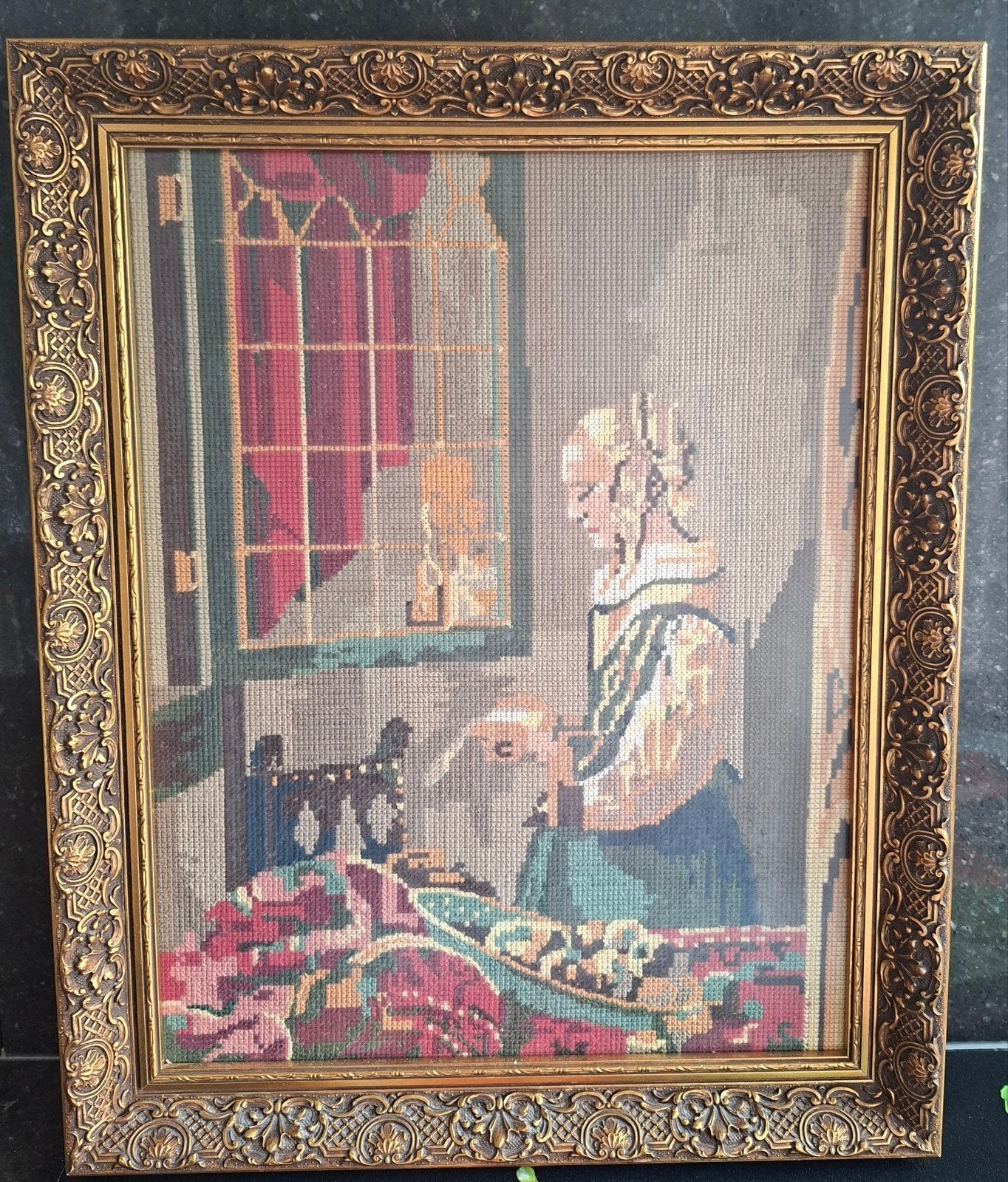 geborduurd schilderij in koperkleurige lijst, Ophalen, Klassiek, Ingelijst