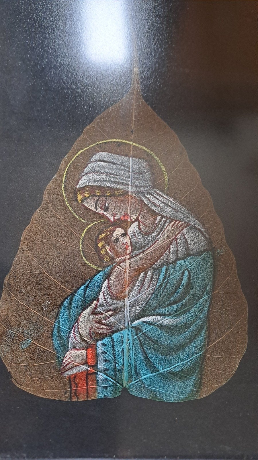 Ingelijste icoon van Maria met kind op blad, Ophalen of Verzenden