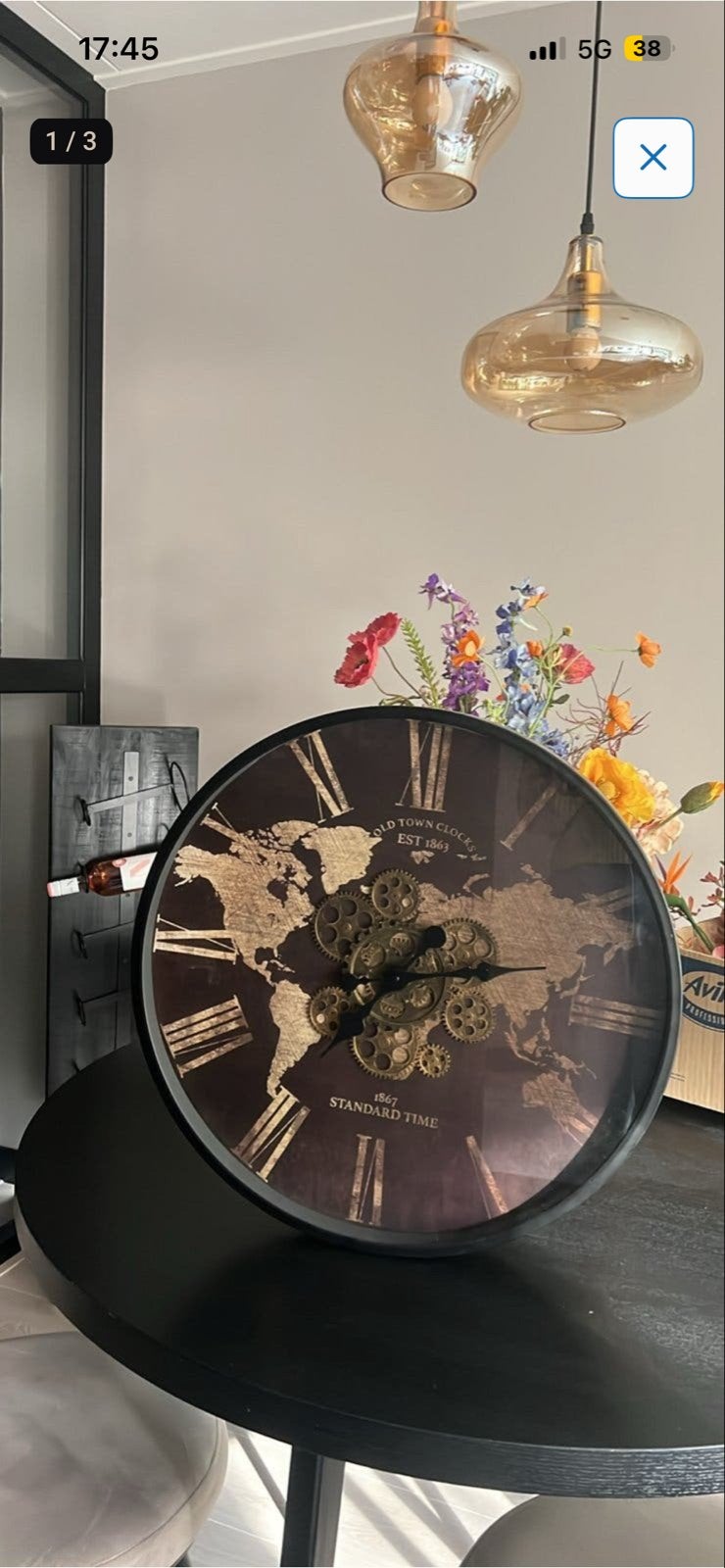 Wandklok met wereldkaart en zichtbaar uurwerk, Wandklok, Zichtbaar uurwerk, Vintage, Analoog