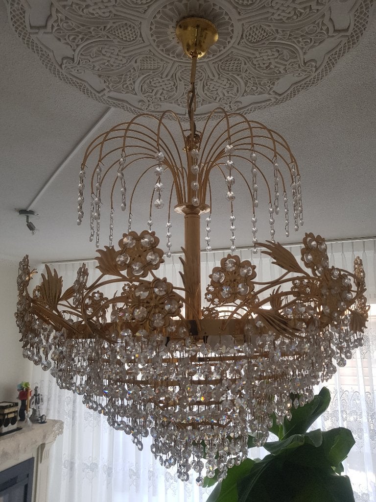 Gouden kroonluchter met kristallen, Huis en Inrichting, Ophalen, Gebruikt, E14 (klein), Glas