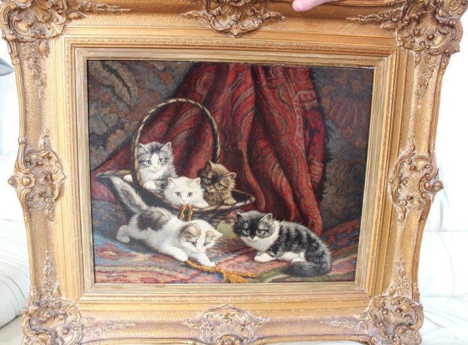 Cornelis Raaphorst (1875-1954) - spelende kittens in mand, Antiek en Kunst, Kunst | Schilderijen | Klassiek, Ophalen, Doek, Dieren