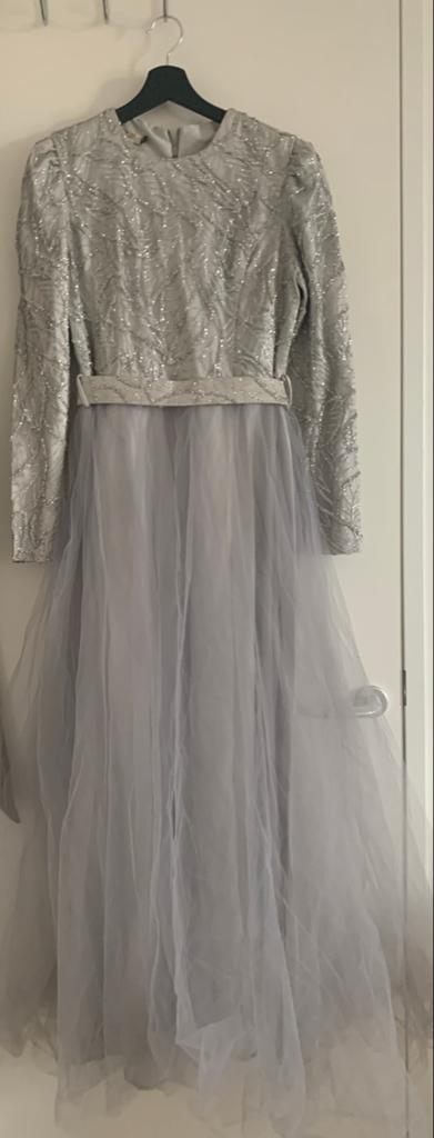 Prachtige zilveren avondjurk bijna gratis, Kleding | Dames, Gelegenheidskleding, Galajurk, Maat 42/44 (L), Ophalen of Verzenden