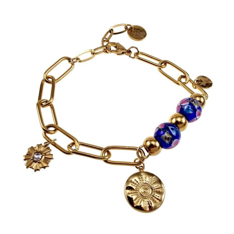 Armband Dames RVS Verguld Paperclipschakel Murano-Glaskralen, Sieraden, Tassen en Uiterlijk, Armbanden, Met bedels of kralen, Staal