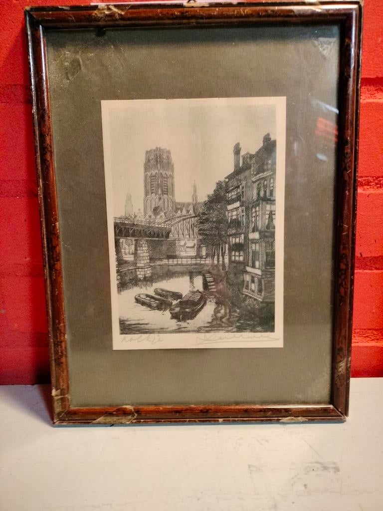 Ets tekening de kolk Rotterdam met uitzicht op Laurenskerk, Ophalen of Verzenden