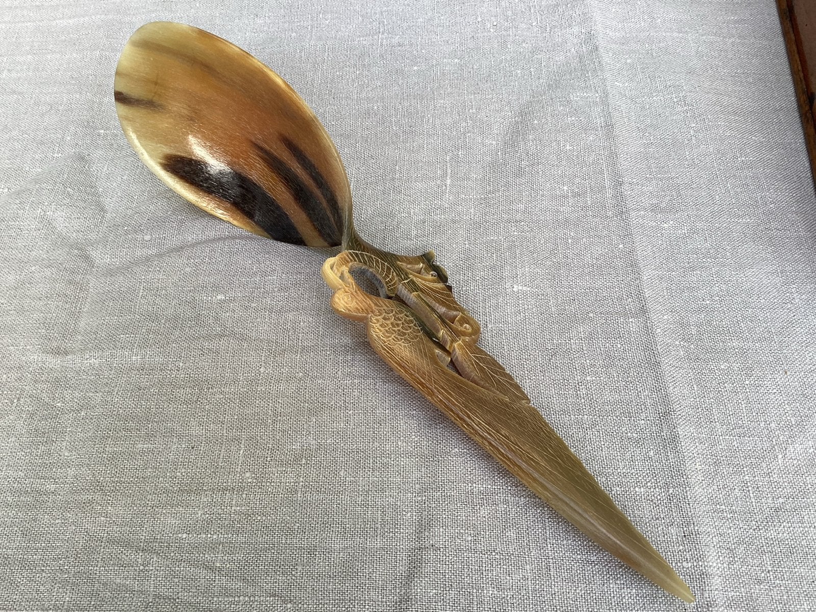 Unieke rijstlepel van hoorn met vogeldecoratie, 28 cm, Ophalen of Verzenden
