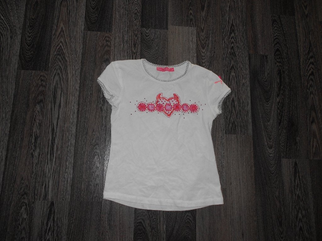 leuk wit met roze meisjest-shirt ( maat 152 ) MUY MALO, Ophalen of Verzenden, Gebruikt, Meisje, Shirt of Longsleeve