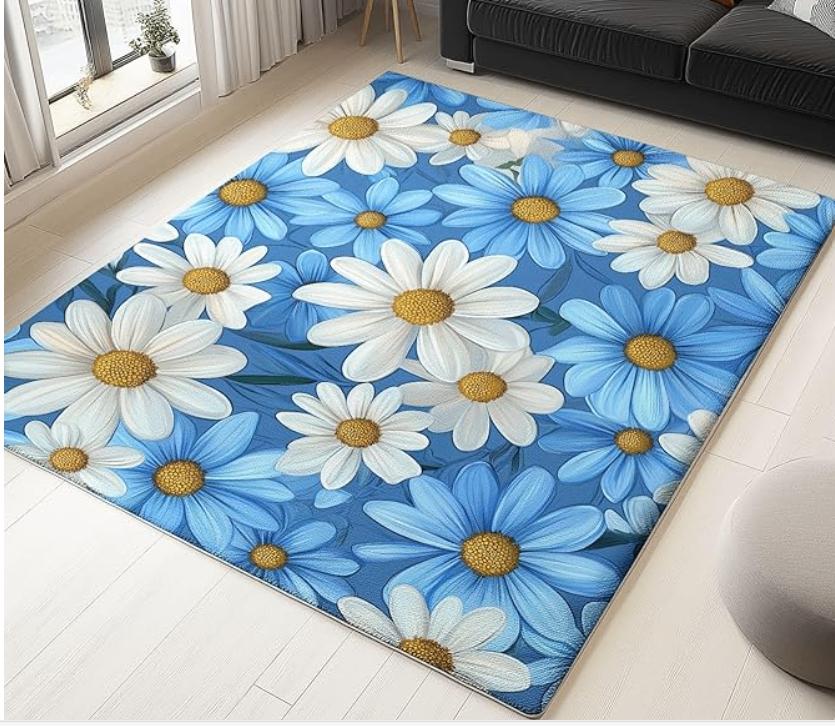 Vrolijk vloerkleed met madeliefjes, Ophalen, Blauw, 150 tot 200 cm, Rechthoekig