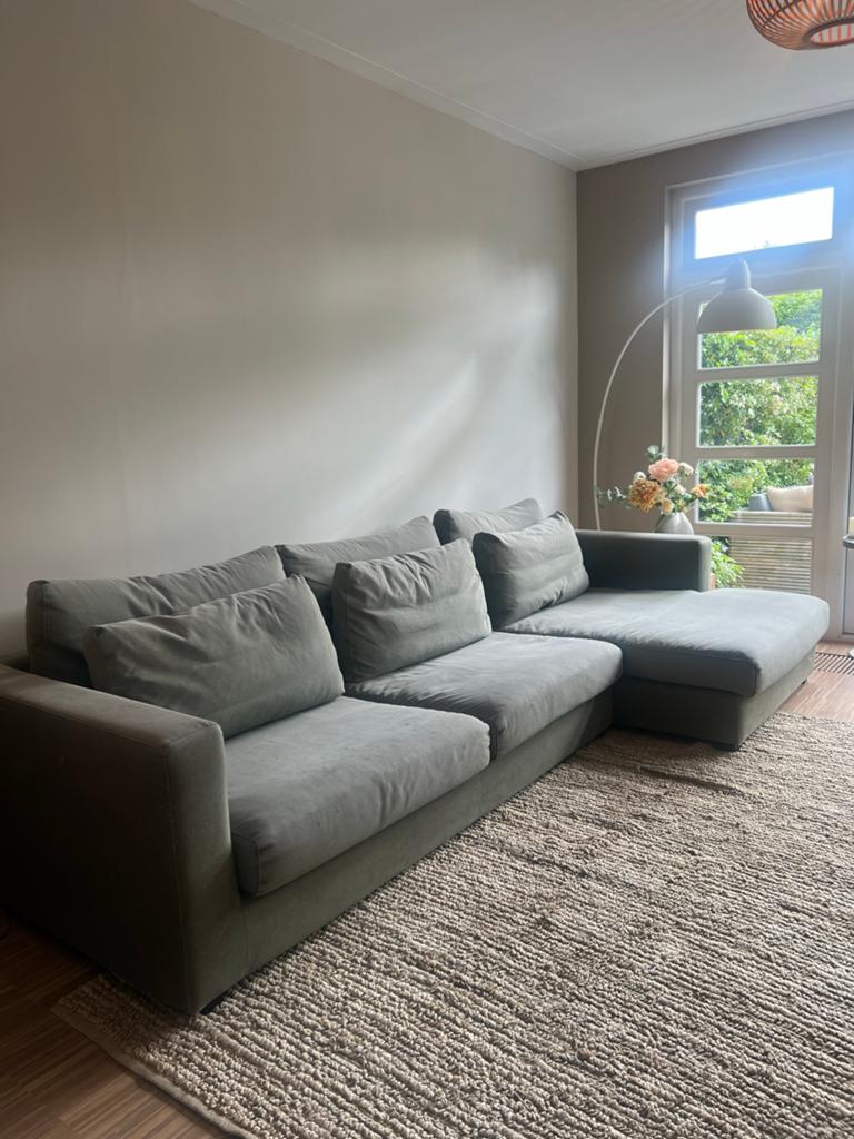 Ruime designbank van Loods 5 in groen canvas, Huis en Inrichting, Banken | Bankstellen, Ophalen, Gebruikt, 125 tot 150 cm, 300 cm of meer
