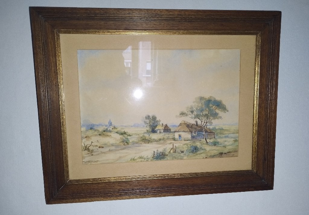 Aquarel landschap achter glas M. Lenterman 48,5cm x 38,5cm, Antiek en Kunst, Kunst | Schilderijen | Klassiek, Ophalen of Verzenden