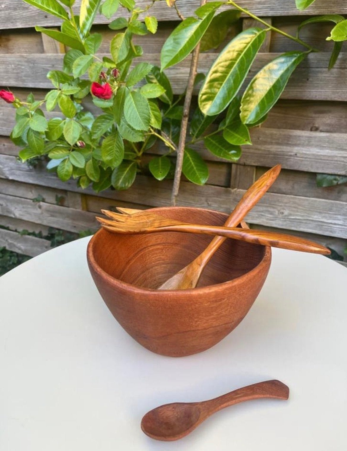 Vintage Houten Saladekom met Bestek Jaren '70, Huis en Inrichting, Hout, Ophalen of Verzenden, Overige typen, Gebruikt