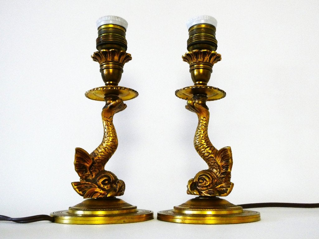 Set van 2 bronzen tafellampen schemerlamp met vis koi karper, Ophalen of Verzenden
