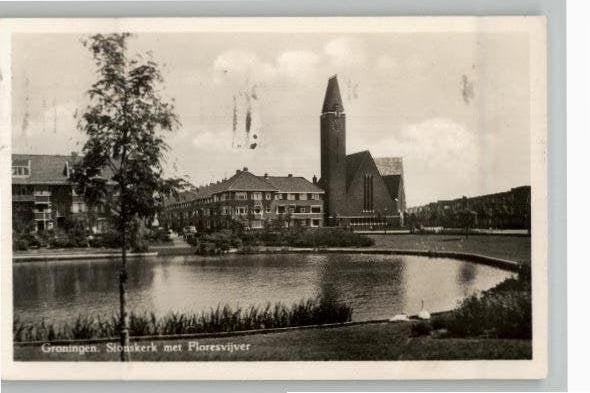 Groningen Sionskerk met Floresvijver  st 1952, Ophalen of Verzenden, 1940 tot 1960, Gelopen, Groningen