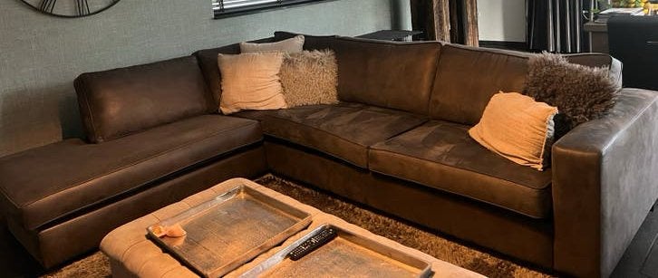 Antraciet/bruine Olav Home hoekbank met loungegedeelte, Ophalen, Hoekbank, 300 cm of meer, Leer