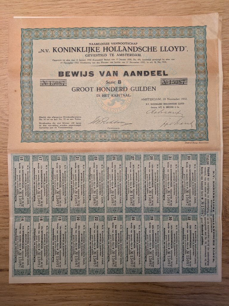 1932 Aandelen Koninklijke Hollandsche Lloyd 100 Gulden, Ophalen of Verzenden, 1920 tot 1950, Aandeel