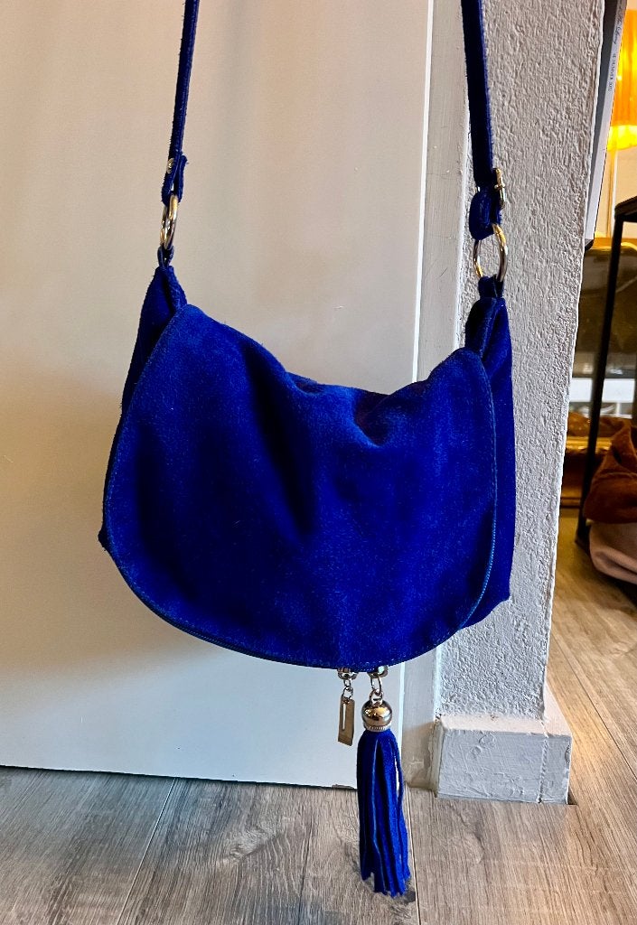 Vintage kobaltblauwe suede boho leren schoudertas damestas, Ophalen of Verzenden, Zo goed als nieuw, Blauw, Schoudertasje