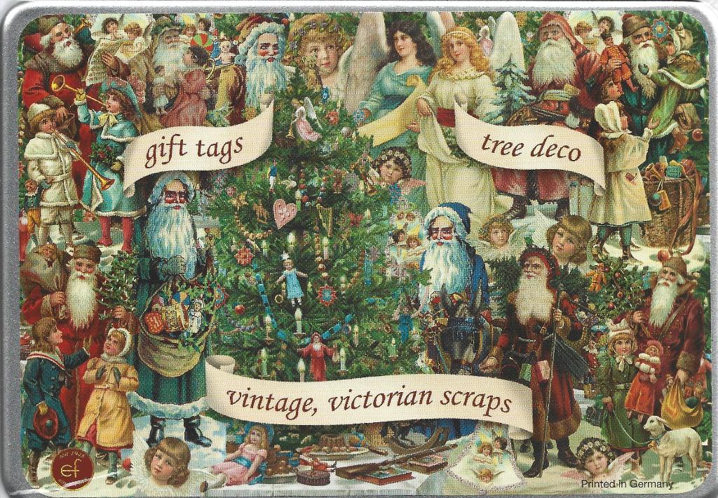 Poezieplaatjes blik vol met hangers, decoratie KERST, Verzamelen, Poesieplaatjes, Ophalen of Verzenden