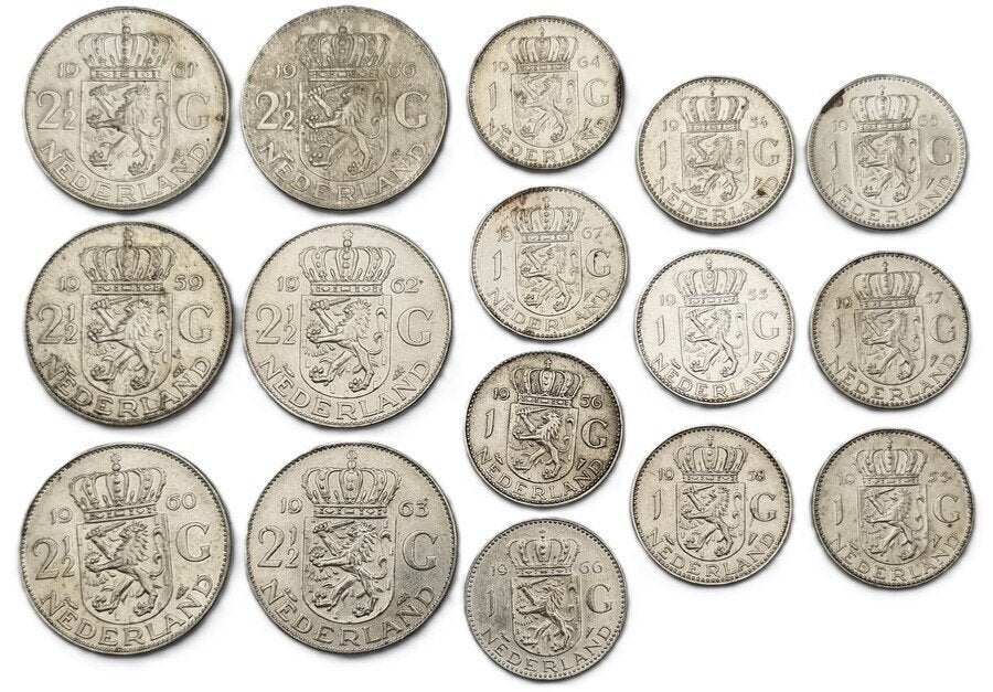 1074. Zilveren guldens en rijksdaalders - Juliana, '54–'67, Ophalen of Verzenden, Koningin Juliana, Setje, Zilver