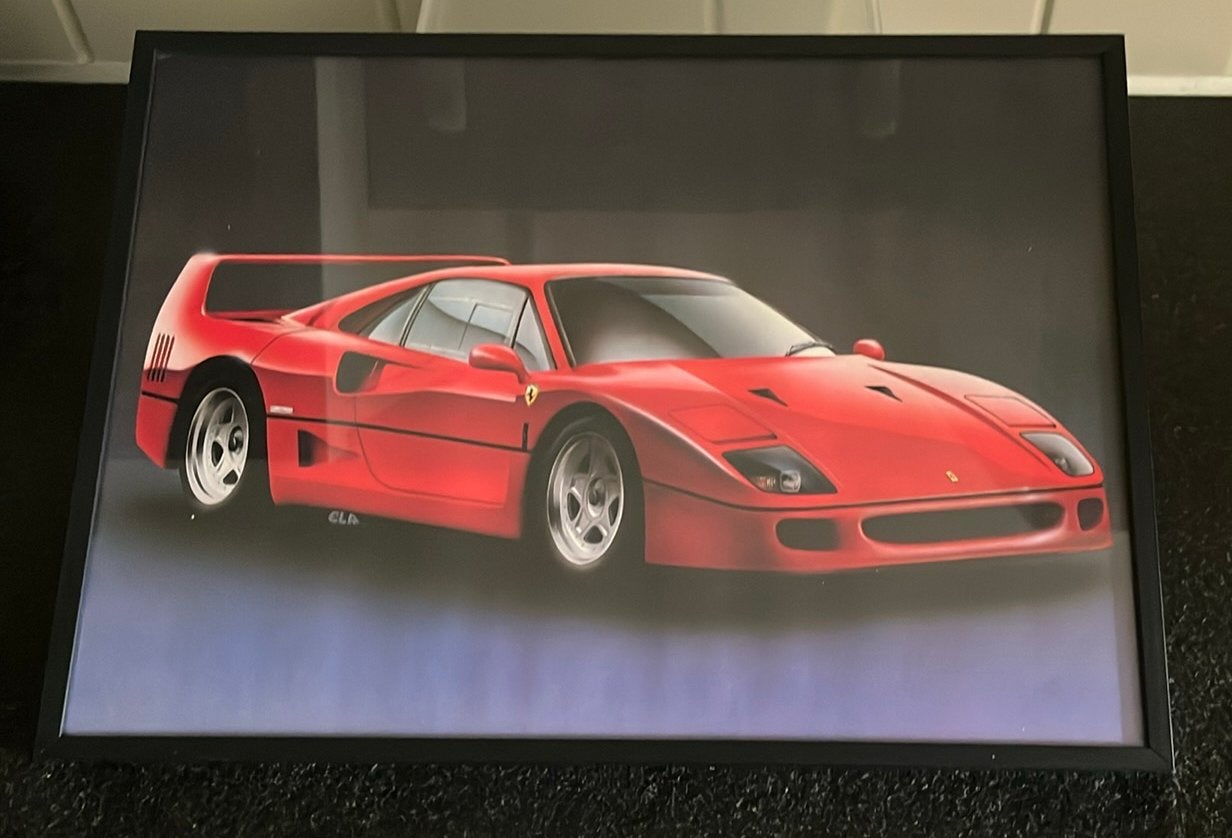 Mooie ingelijste poster Ferrari F40 “Legendary Red 2”, Verzamelen, Gebruikt, Met lijst, A4 of kleiner, Rechthoekig Liggend