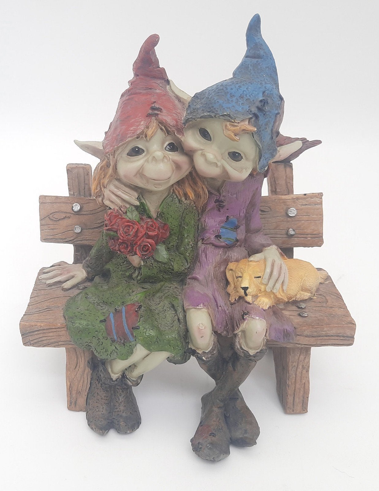 Pixie Elfjes koppel op bankje met hond resin beeld, Ophalen of Verzenden, Zo goed als nieuw, Fantasy