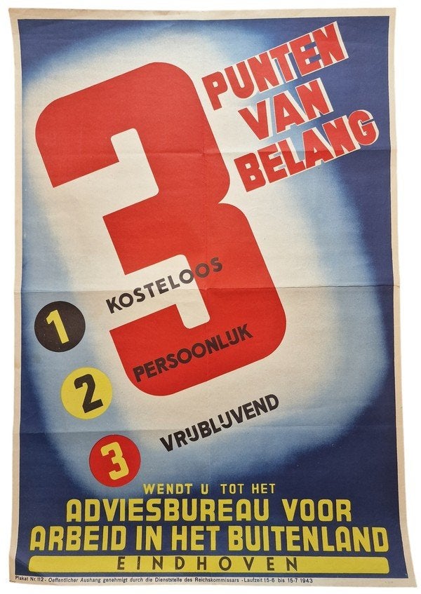 Wo2 Eindhoven Arbeidsbureau 1943 poster, Ophalen of Verzenden, Nederland, Foto of Poster