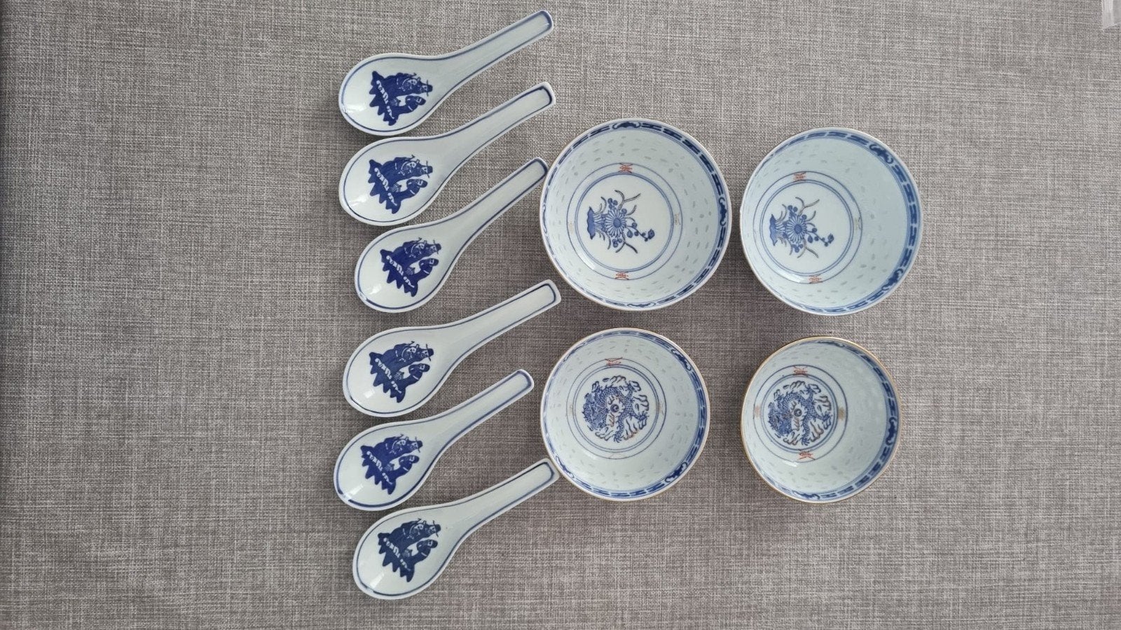 Tekoop : 4 Wanyu rijstkorrel porselein en 6 lepels, Antiek en Kunst, Ophalen of Verzenden