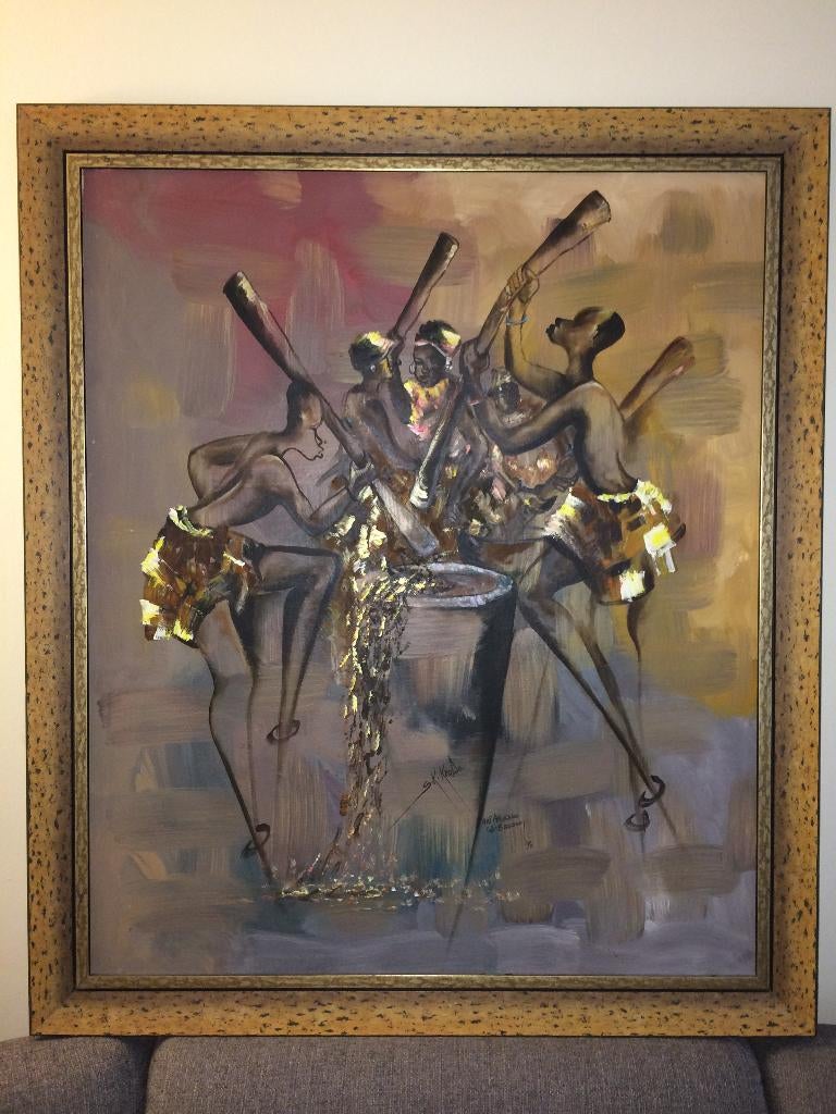Gesigneerd Afrikaans schilderij op houten paneel (112x96,5), Ophalen