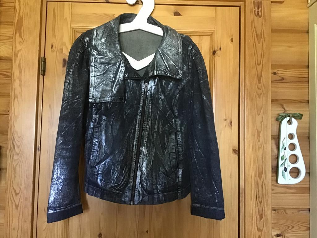 Jas spijkerjas donkerzilver XL metalic 42 denim atelier, Ophalen of Verzenden, Zo goed als nieuw, Maat 42/44 (L), Grijs