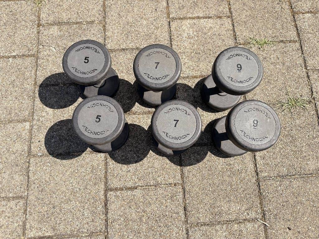 Technogym P.U. Dumbbell Sets: 2 x 5, 7, 9 kg, Ophalen, Zo goed als nieuw, Benen, Dumbbell